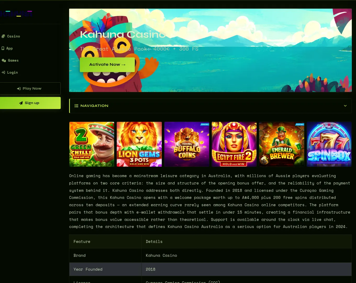 Kahuna Casino casino interface on desktop